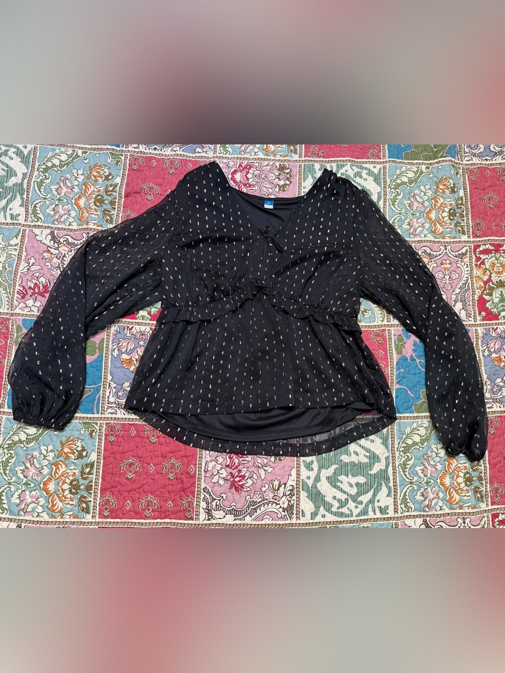 Old Navy Black Metallic Shimmer Clip Dot Tie Neck Peplum Top Size Large Tall